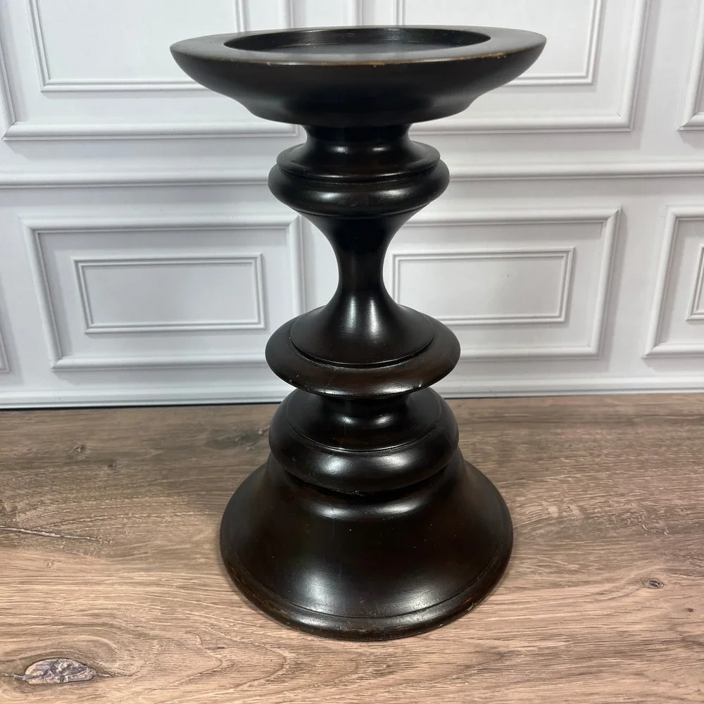 Pottery Barn Turned Wood Pillar Candle Holder Set 2 10in Dark Brown Espresso